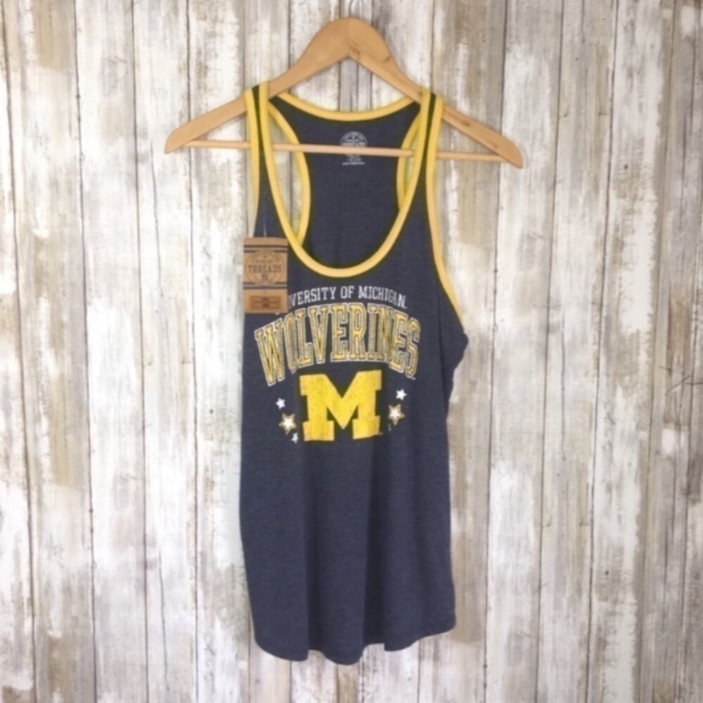Michigan Wolverines Women’s Tank Top Medium Navy Blue NCAA Graphic Racerback NWT